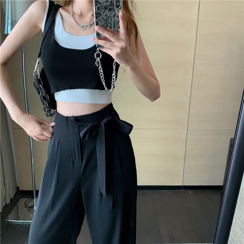 High Leg Tie-Up Dress Waist Plain Wide Pants