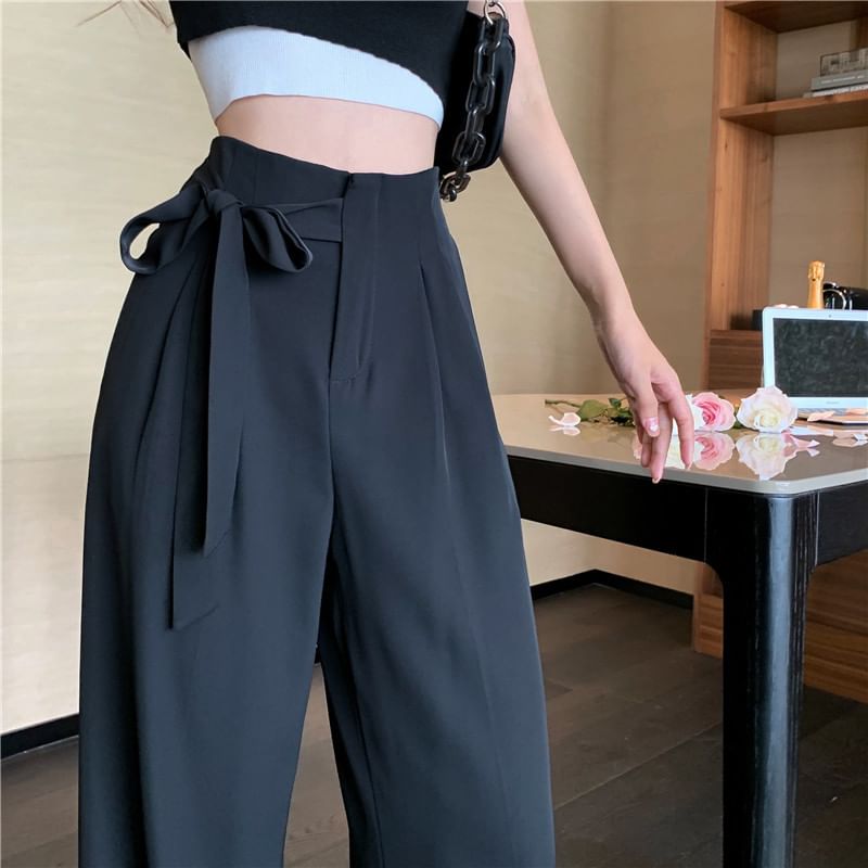 High Leg Tie-Up Dress Waist Plain Wide Pants