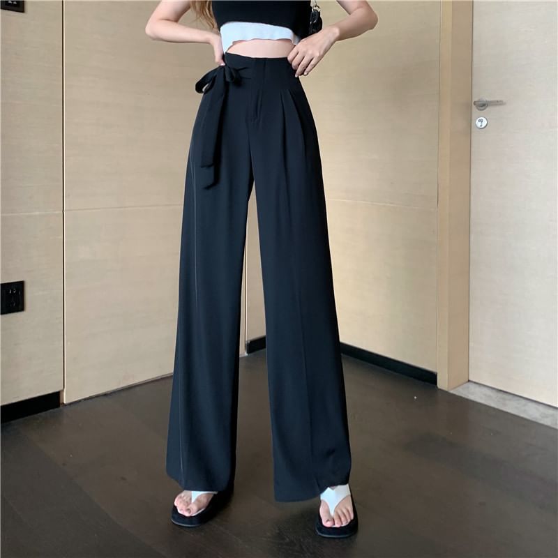 High Leg Tie-Up Dress Waist Plain Wide Pants