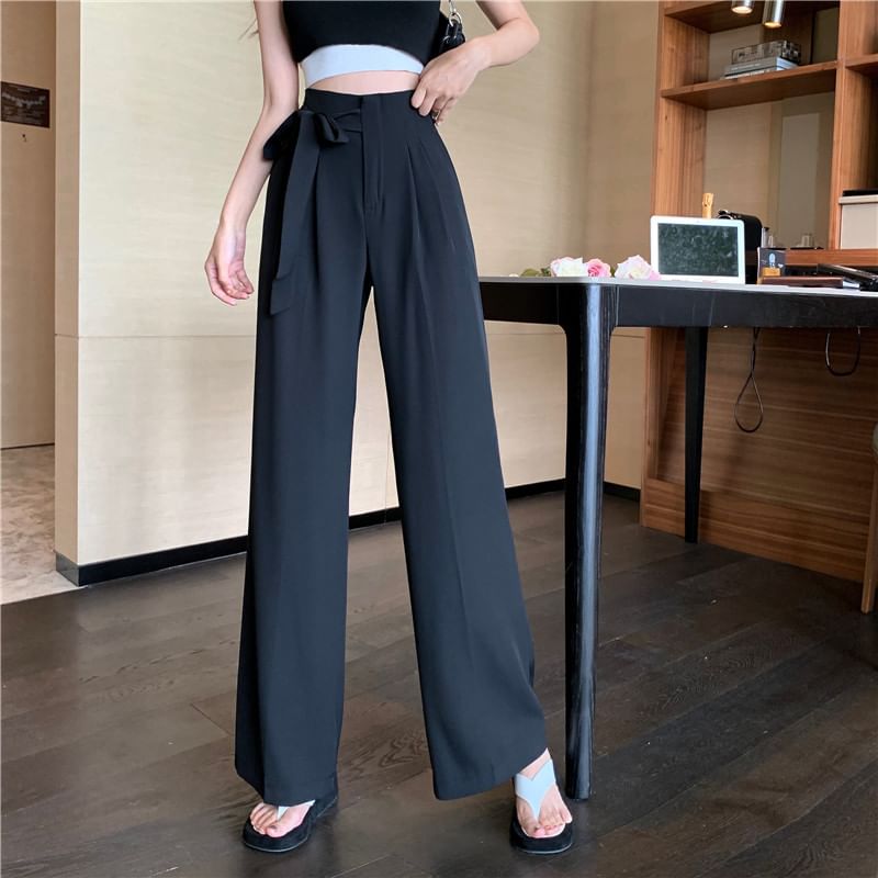 High Leg Tie-Up Dress Waist Plain Wide Pants