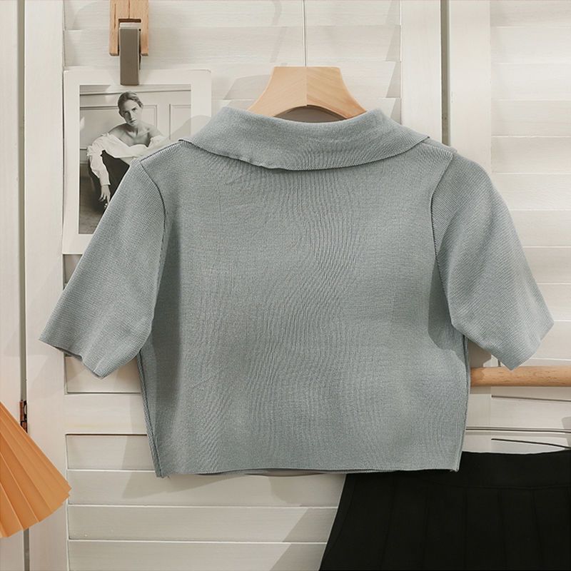 Top Collared Crop Short-Sleeve Knit Bow