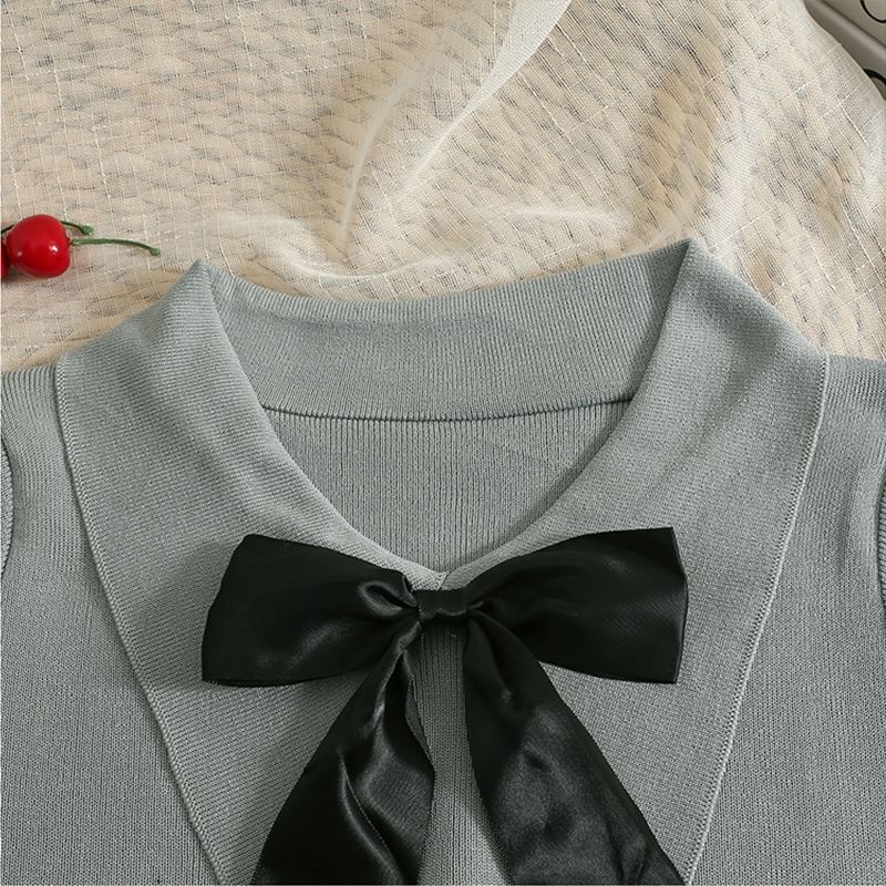 Top Collared Crop Short-Sleeve Knit Bow