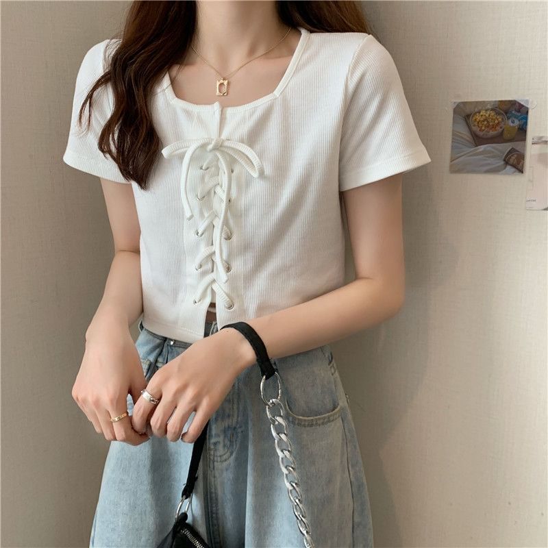 Plain Square Lace Up Top Short-Sleeve Neck
