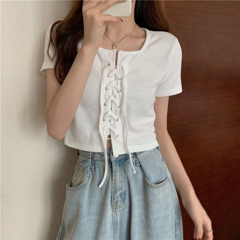 Plain Square Lace Up Top Short-Sleeve Neck