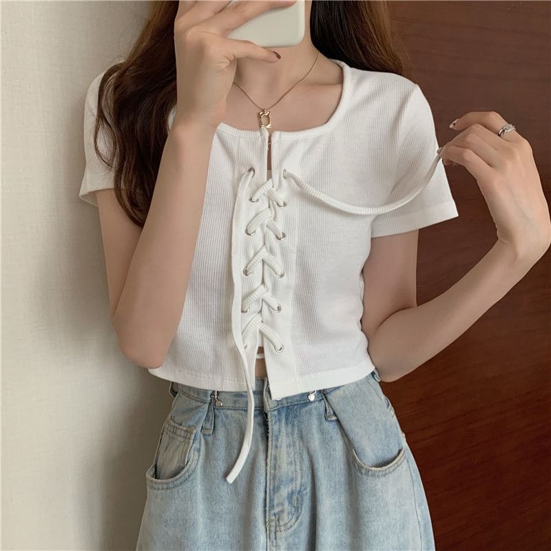 Plain Square Lace Up Top Short-Sleeve Neck