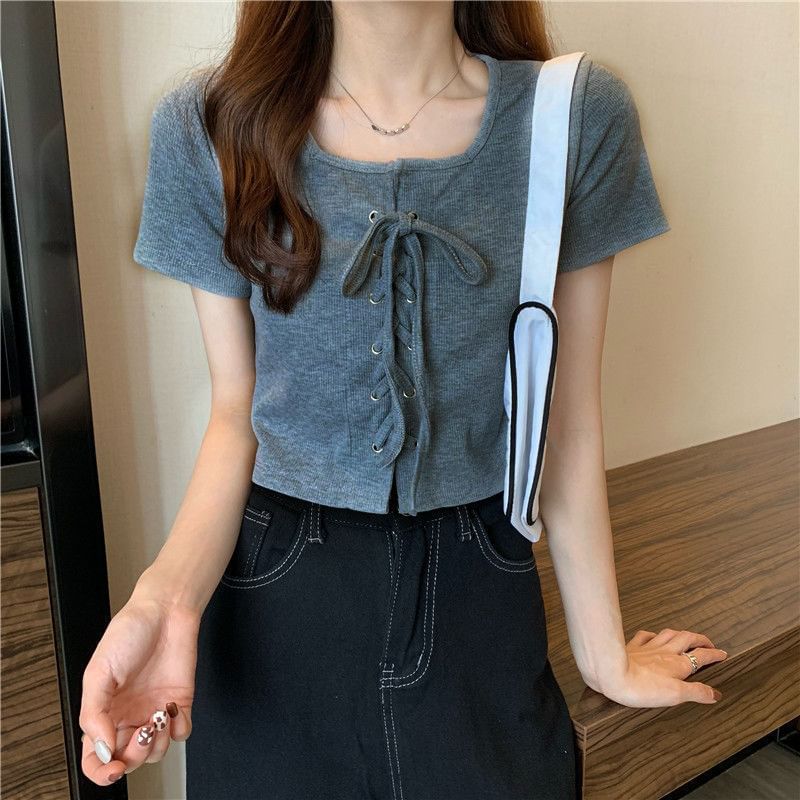 Plain Square Lace Up Top Short-Sleeve Neck