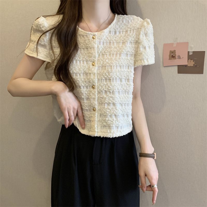 Round Plain Neck Frill Top Short-Sleeve Button