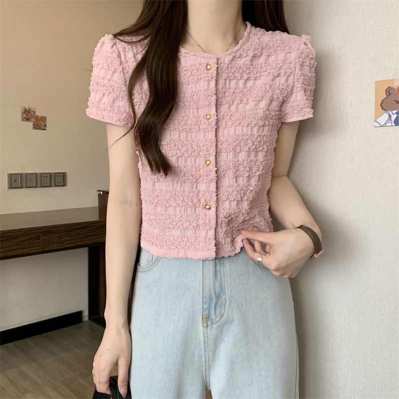 Round Plain Neck Frill Top Short-Sleeve Button
