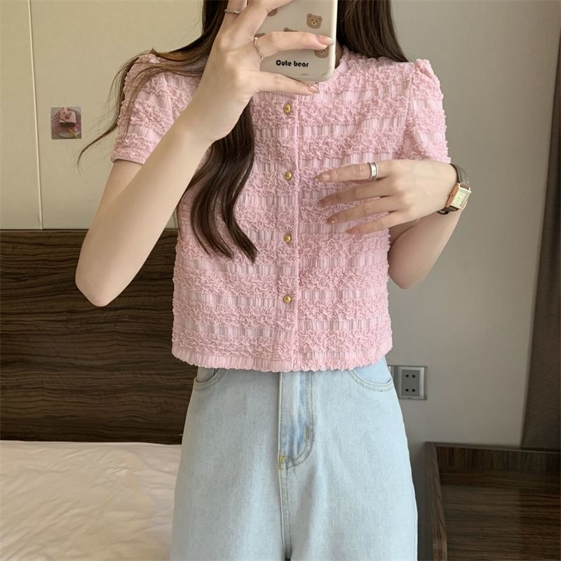 Round Plain Neck Frill Top Short-Sleeve Button