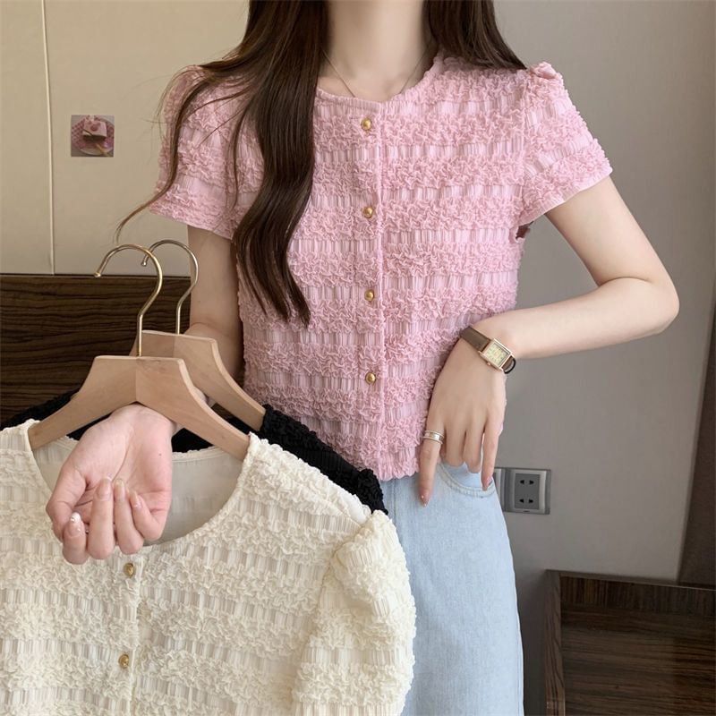 Round Plain Neck Frill Top Short-Sleeve Button