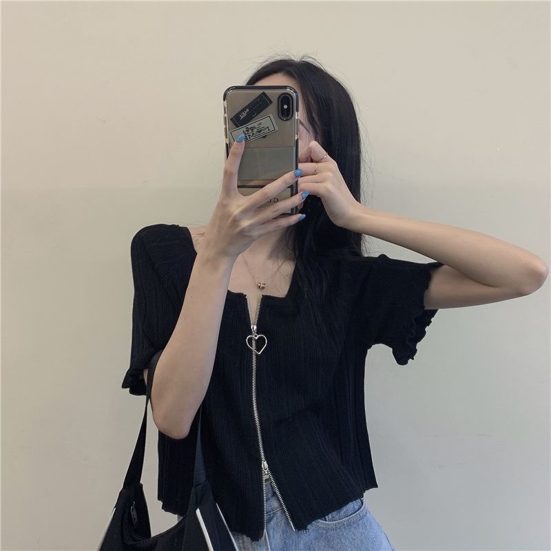 Plain Round Neck Cardigan Ribbed Short-Sleeve Zip