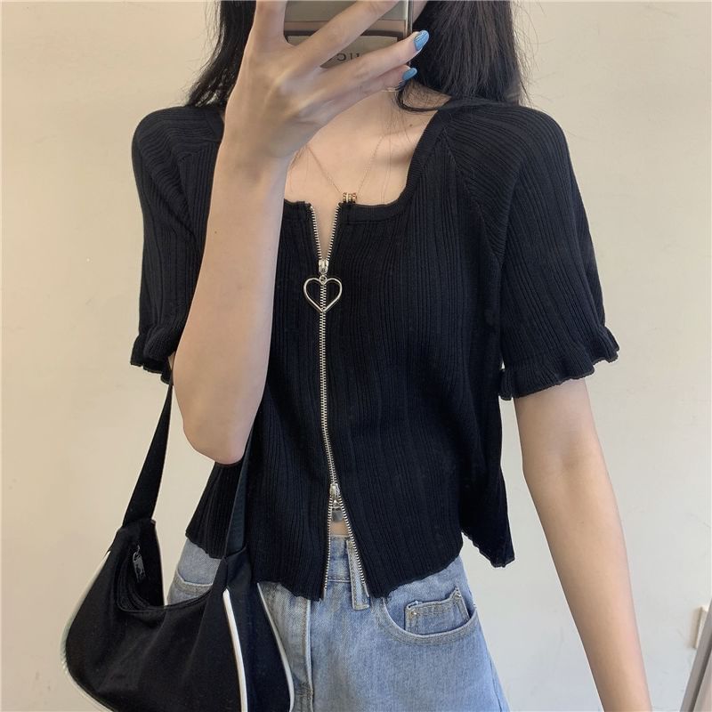 Plain Round Neck Cardigan Ribbed Short-Sleeve Zip