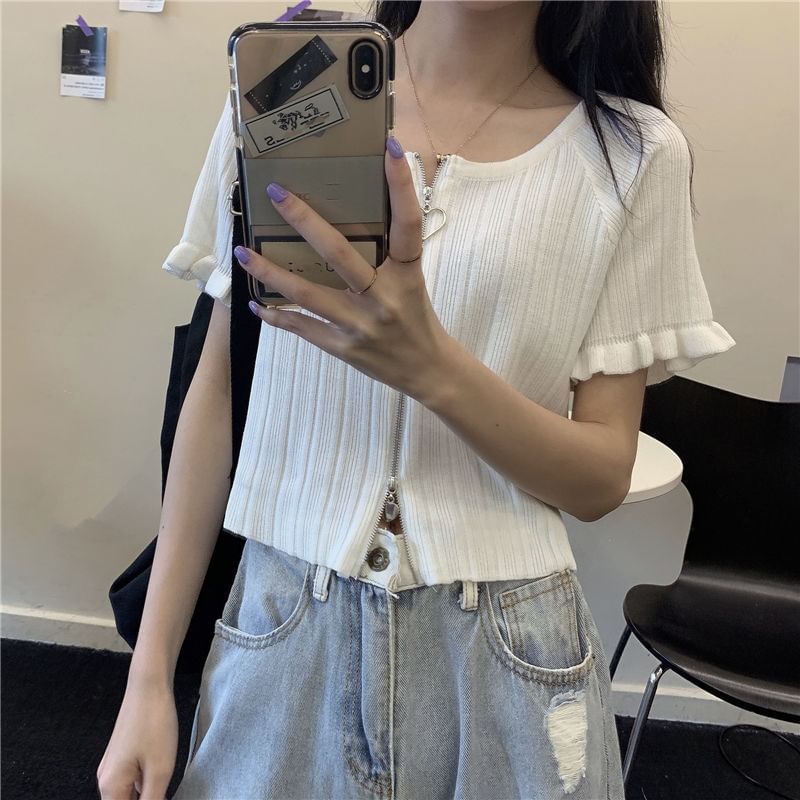 Plain Round Neck Cardigan Ribbed Short-Sleeve Zip