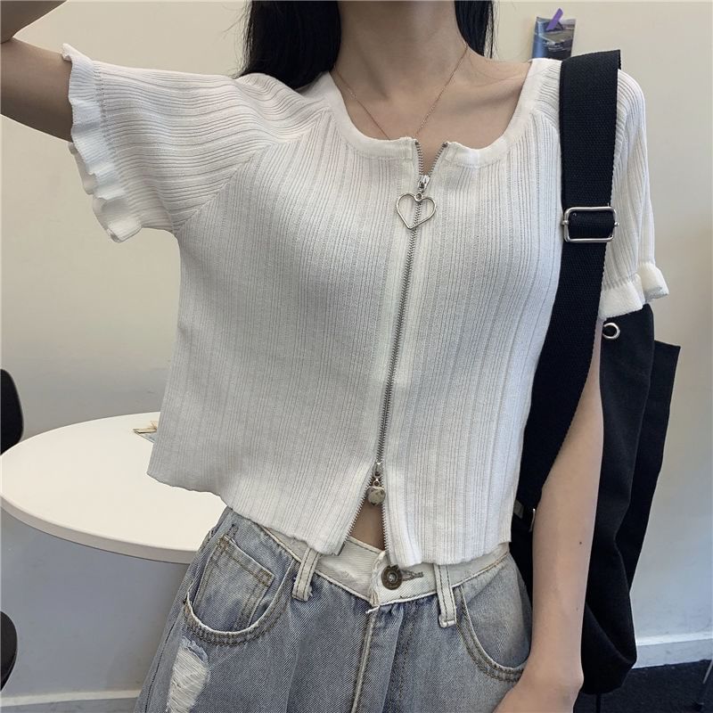 Plain Round Neck Cardigan Ribbed Short-Sleeve Zip