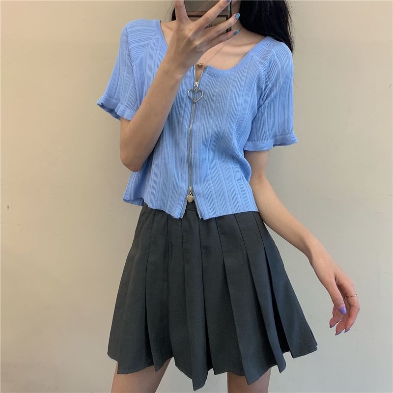 Plain Round Neck Cardigan Ribbed Short-Sleeve Zip