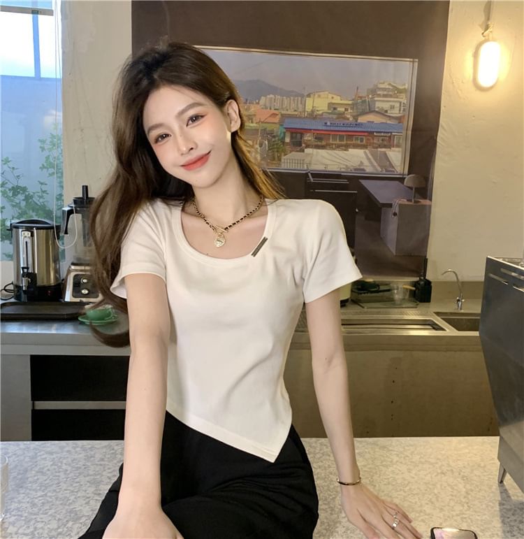 Short-Sleeve Crew Plain Tee Asymmetrical Neck