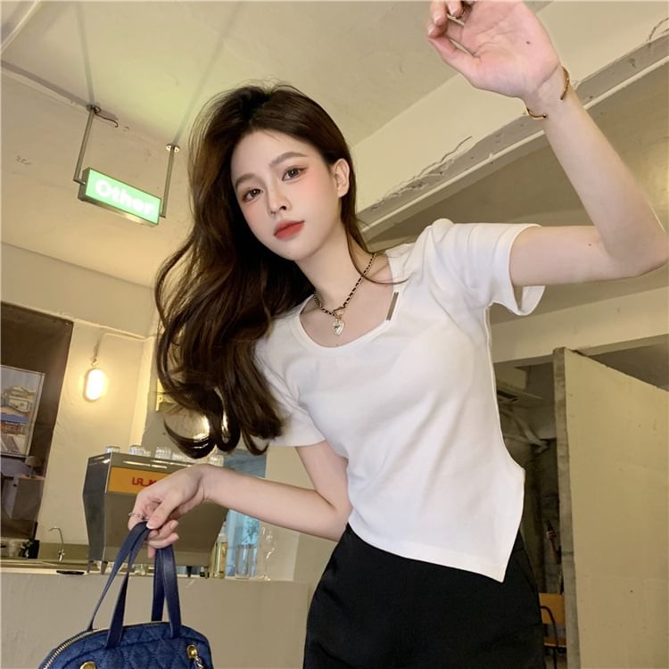 Short-Sleeve Crew Plain Tee Asymmetrical Neck