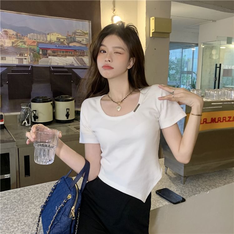 Short-Sleeve Crew Plain Tee Asymmetrical Neck