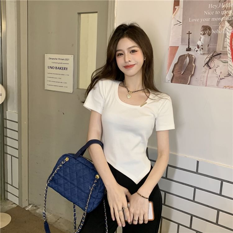 Short-Sleeve Crew Plain Tee Asymmetrical Neck