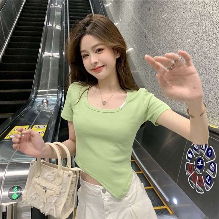 Short-Sleeve Crew Plain Tee Asymmetrical Neck