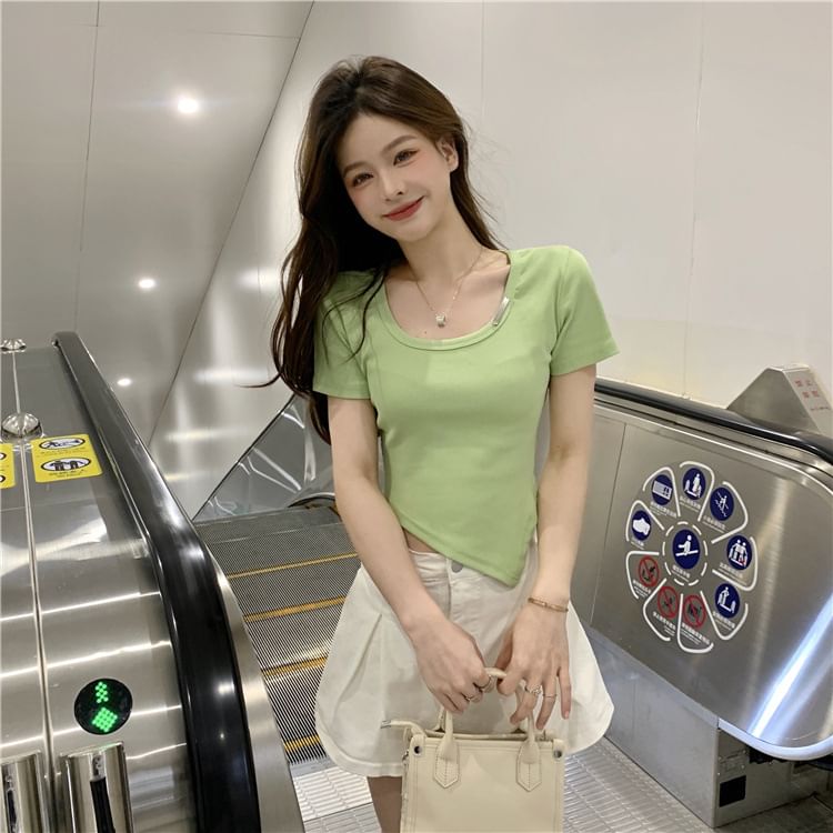 Short-Sleeve Crew Plain Tee Asymmetrical Neck