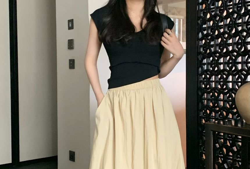 A-Line Elastic Waist Plain Maxi Skirt