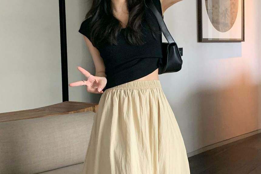 A-Line Elastic Waist Plain Maxi Skirt