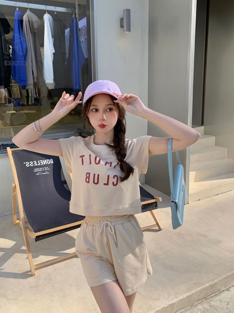 T-Shirt Short-Sleeve Lettering Waist Crew Print Plain Neck Set: Shorts Drawstring +