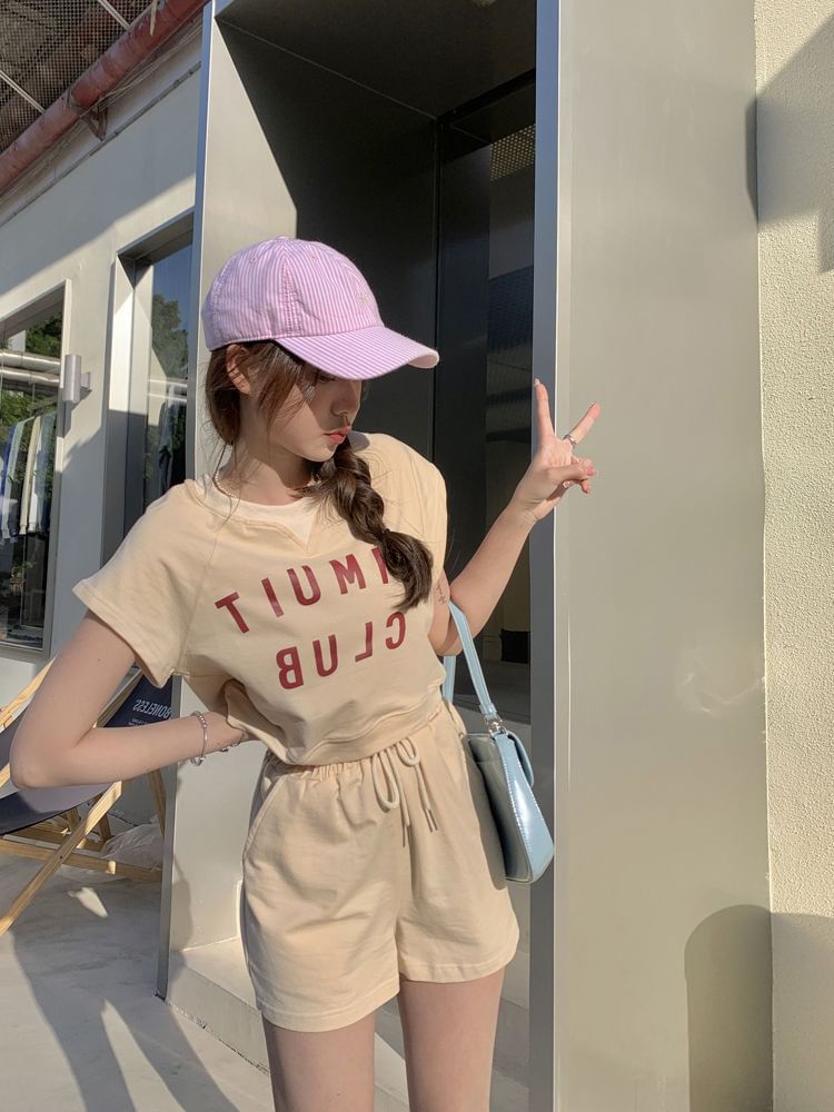 T-Shirt Short-Sleeve Lettering Waist Crew Print Plain Neck Set: Shorts Drawstring +