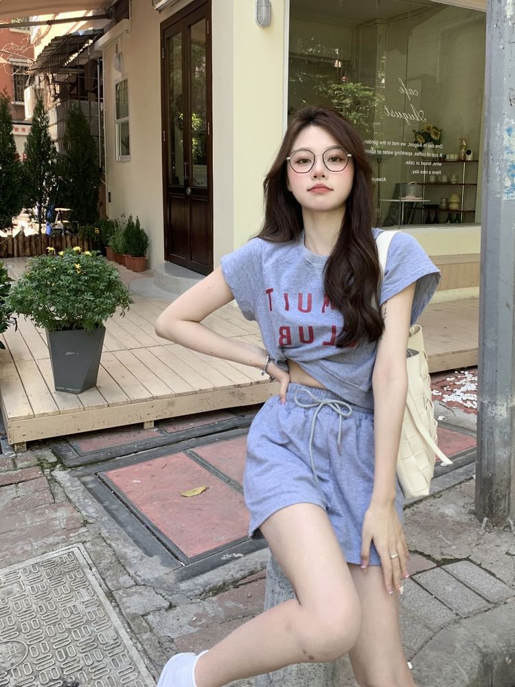T-Shirt Short-Sleeve Lettering Waist Crew Print Plain Neck Set: Shorts Drawstring +
