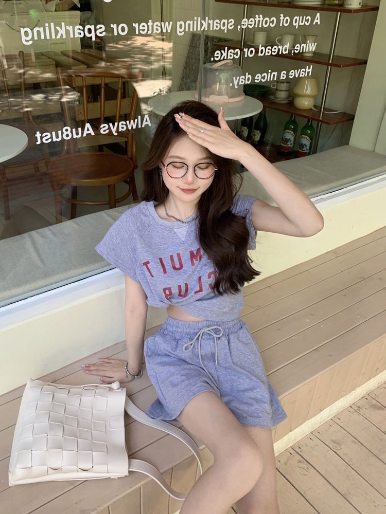 T-Shirt Short-Sleeve Lettering Waist Crew Print Plain Neck Set: Shorts Drawstring +