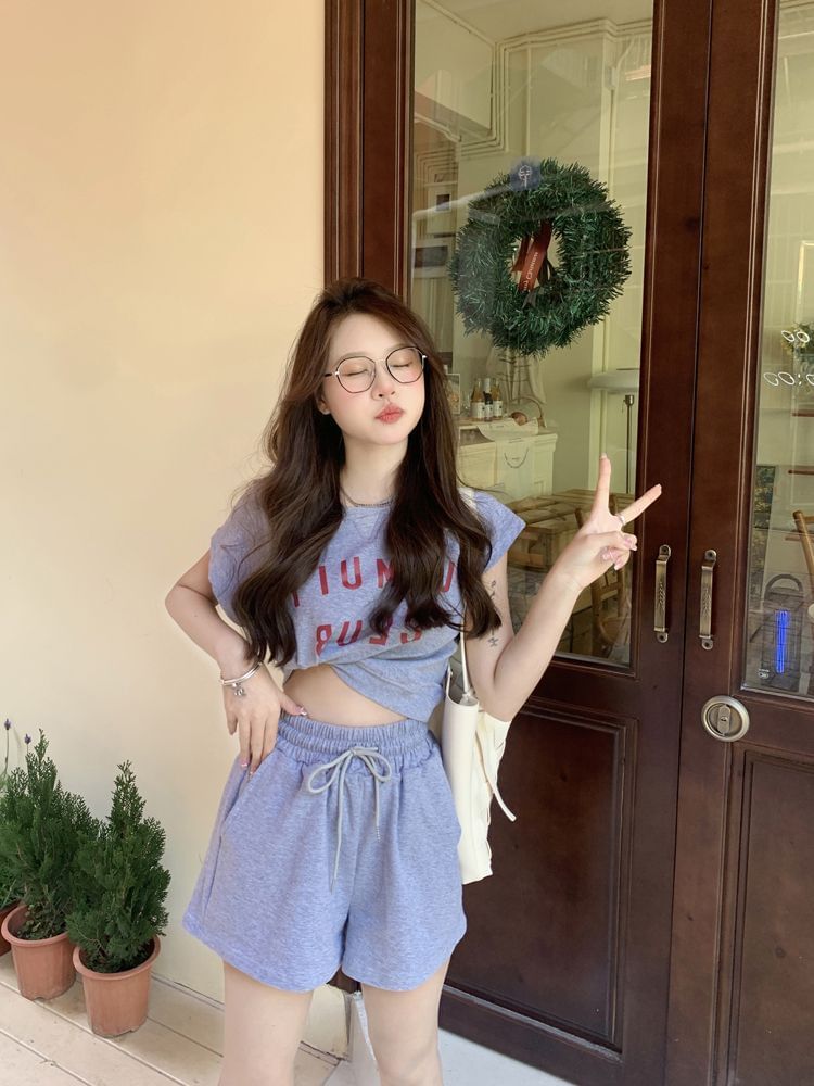 T-Shirt Short-Sleeve Lettering Waist Crew Print Plain Neck Set: Shorts Drawstring +