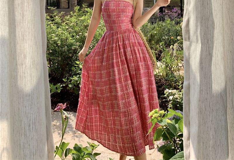 A-Line Strapless Plaid Dress Maxi