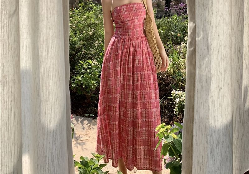 A-Line Strapless Plaid Dress Maxi