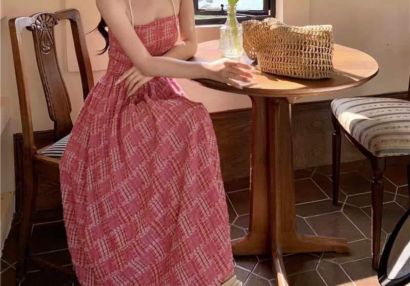 A-Line Strapless Plaid Dress Maxi