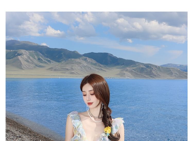 Maxi Floral Cutout Sundress V-Neck Sleeveless Ruffle