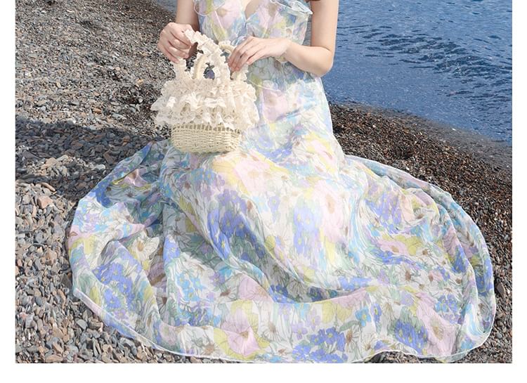 Maxi Floral Cutout Sundress V-Neck Sleeveless Ruffle