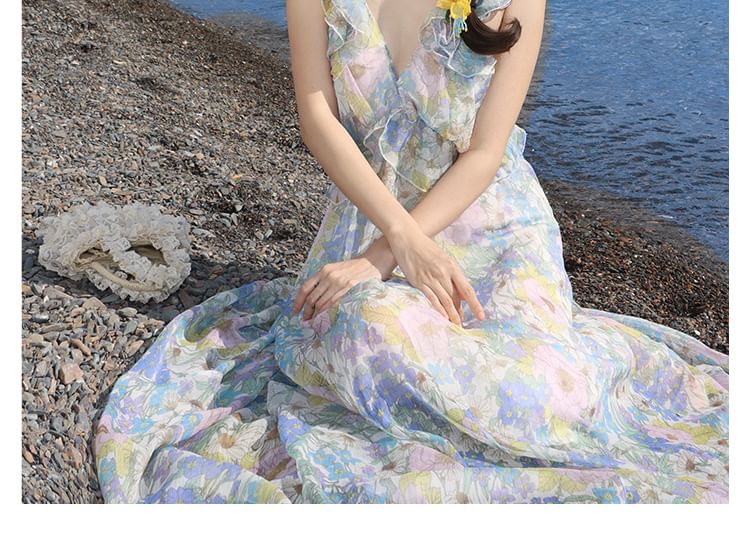 Maxi Floral Cutout Sundress V-Neck Sleeveless Ruffle