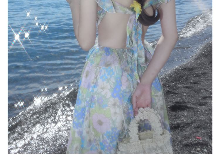 Maxi Floral Cutout Sundress V-Neck Sleeveless Ruffle