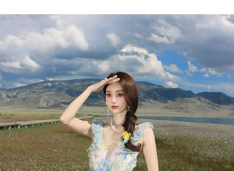 Maxi Floral Cutout Sundress V-Neck Sleeveless Ruffle