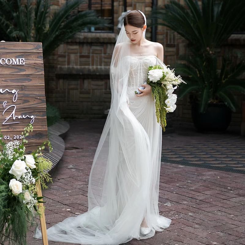 Corset Mesh Gown Sheath Beaded Wedding Off-Shoulder