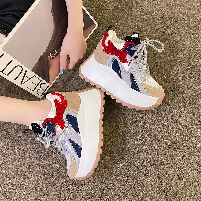 Lace-Up Panel Platform Mesh Sneakers