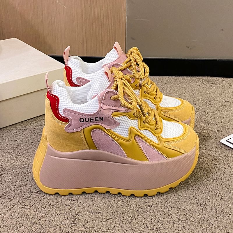 Lace-Up Panel Platform Mesh Sneakers