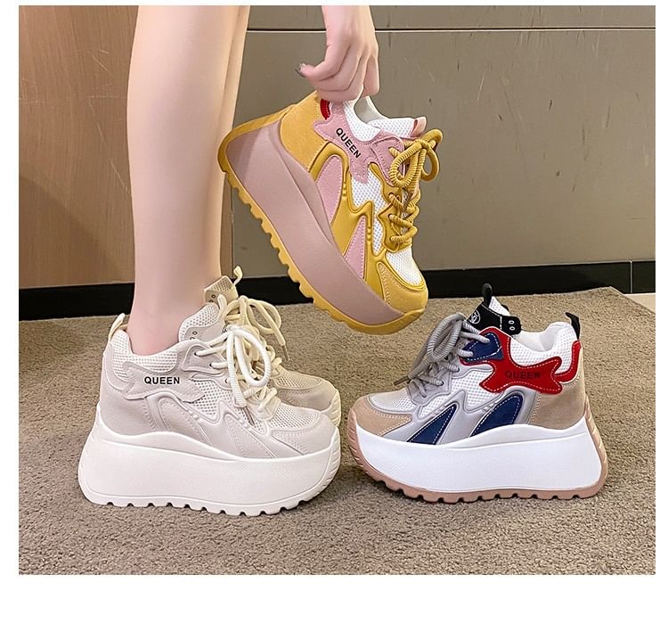 Lace-Up Panel Platform Mesh Sneakers