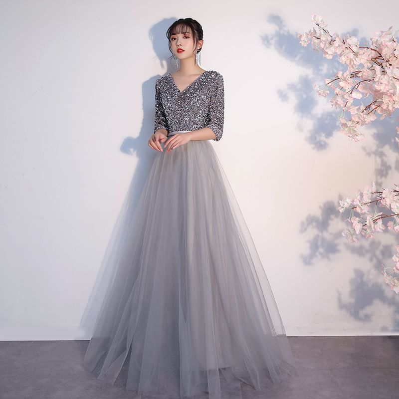 V-Neck Elbow-Sleeve Sequin A-Line Gown Evening