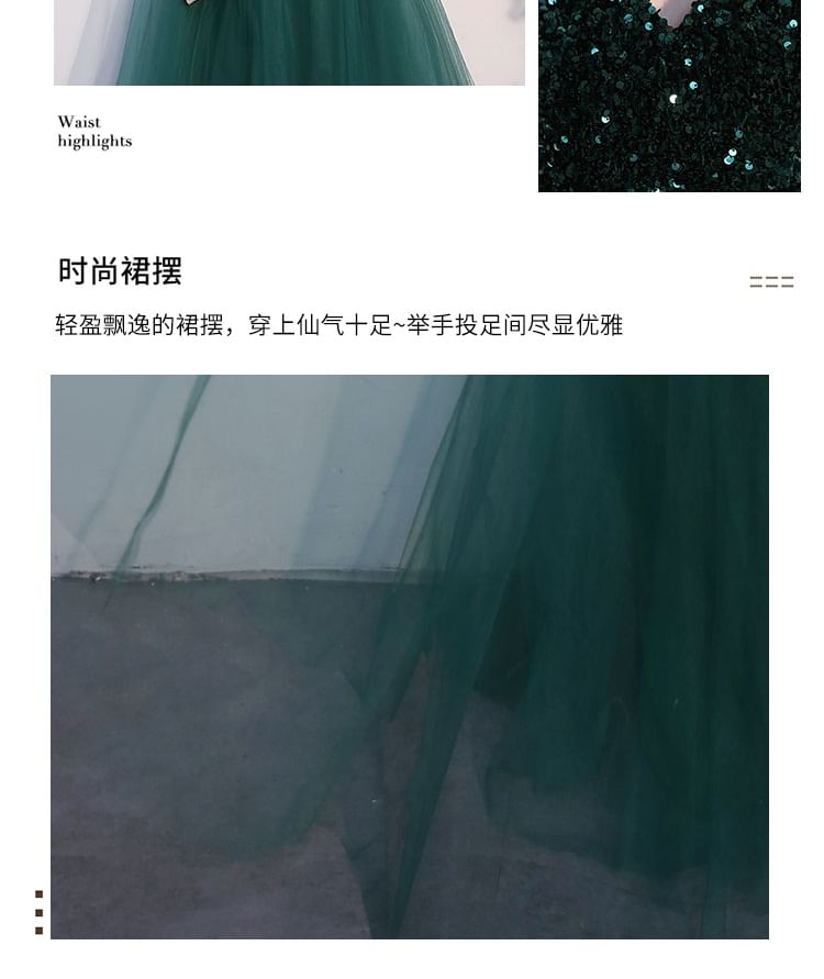 V-Neck Elbow-Sleeve Sequin A-Line Gown Evening