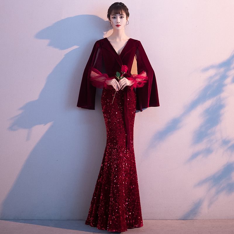 Mermaid Maxi Evening Sequin Gown Flared-Sleeve