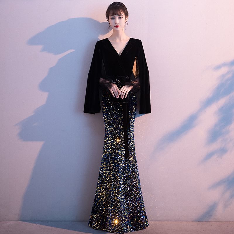 Mermaid Maxi Evening Sequin Gown Flared-Sleeve