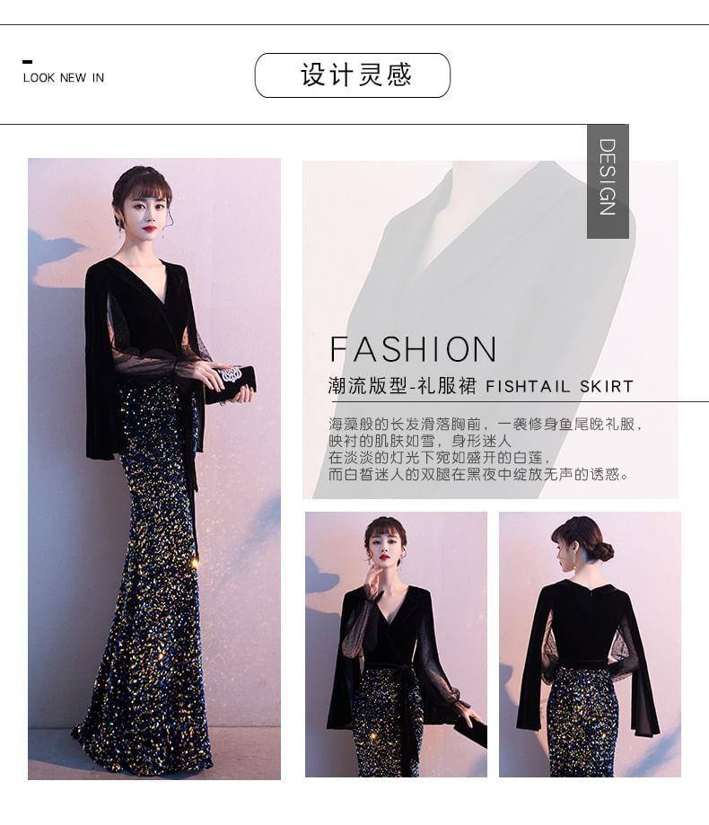 Mermaid Maxi Evening Sequin Gown Flared-Sleeve