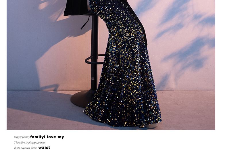 Sequin Gown Mermaid Evening Maxi Flared-Sleeve